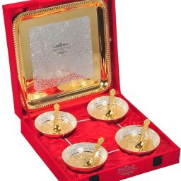 German Silver Brass Round Bowl Sets with Tray and Spoon with Royal Royal Luxury Velvet Box Packing Used for Dry Fruit, Sweets and Home Décor Bowl, Spoon, Tray Serving Set-15