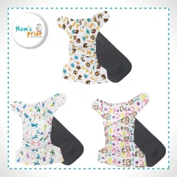 mom's pride Reusable Exclusive Cloth Diapers With Charcoal Inserts Pack of 3 (MultiColor) image 3