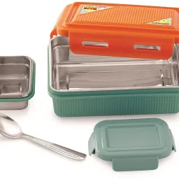 2 Compartment Stainless Steel Lunch Box for School Kids with Veg Box and Spoon 2 Containers Lunch Box-22