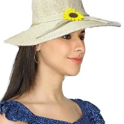 Zonkar Woman Cream Printed Long Brim Beach and Sun Hat/caps for Women & Girls-25