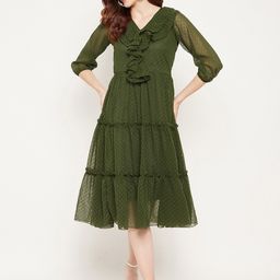 Bitterlime Olive Green Georgette A-Line Midi Dress-image-4