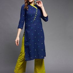 Indian Dobby Women Navy Blue GeometricThread Work Dobby Cotton Kurta-image-4