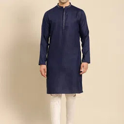 Amodh by Kisah Men Navy Blue Solid Thread Work Dobby Kurta-37