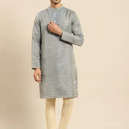 Amodh by Kisah Men's Grey Striped Flared Sleeves Thread Work Dobby Kurta-14