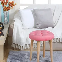 Shadowkart Pink & Beige Round Tufted Wooden Ottoman-image-75