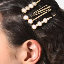 AMI Women Gold-Toned & White Set of 4 Embellished Bobby Pins image 2
