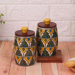 vareesha Green Yellow Jodhpuri Hand-made Ceramic Dholak Jar with Wooden Lid Set of 2-picture-48