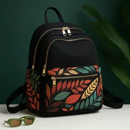 speginic Small 15 L Backpack Trendy Black Backpack with Multicolor Leaf Print | Stylish & Spacious Travel Bag-picture-32