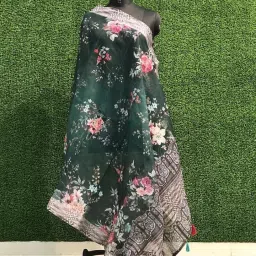 Linen Blend Floral Print Dark Green Women Dupatta-picture-3