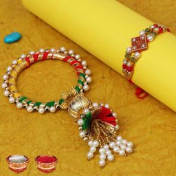 niozaki Bhaiya Bhabhi CHUDA-OM2 Pearl, Kundan, Gold Finish, Mauli Thread Rakhi, Lumba, Bracelet, Chawal Roli Pack Set image 2