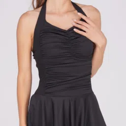 Women Halter Neck Padded Swimwear, one Piece Swimsuit Attached Cycling Shorts. Solid Women Swim-dress Black Swimsuit-image-4