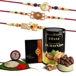 Designer Rakhi Combo for Brother with Chocolate Almond(96-GM)Rakhi Set|K3_410+411+412_CA Assorted Rakhi, Chawal Roli Pack, Greeting Card, Coins Set-image-9