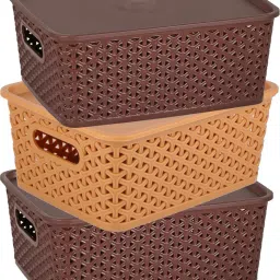 Plastic Fashion H5 Multipurpose Storage Basket with Lid-Multicolor (Set of 3) Storage Basket-24