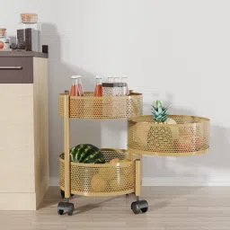 2+1 Layer Kitchen Metal Storage Rack with Wheels | Round Shape - Golden Iron Kitchen Trolley-20