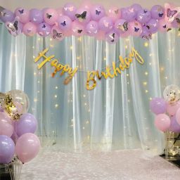 Pink and Purple Birthday Decorations with White Net and Led Light Combo-58 pcs-0