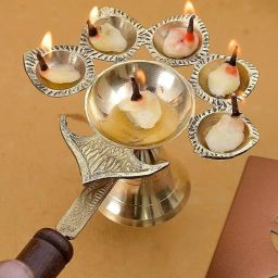 Brass Woodan Panch arti Diya Pach Aarti Deepak for Temple | Aarti Diya Brass Table Diya-image-46