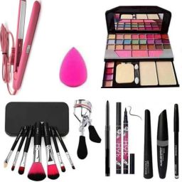 TYA 6155 makeup kit, 7 makeup brush set, hair straightener, curler, smudge kajal, 36H Eyeliner, 3In1, 1 puff-26