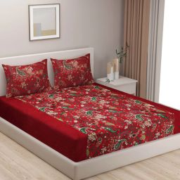 swayam Red Floral 200 TC Cotton 1 Double Bedsheet with 2 Pillow Covers-picture-22