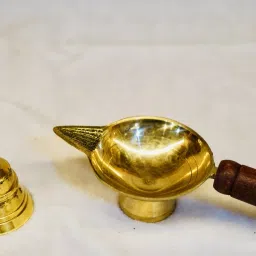 wooden handle brass deepak and brass garud ghanti Brass Table Diya-image-9