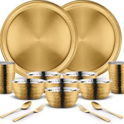 Pack of 14 Stainless Steel High Grade Golden PVD Coating Hammered Dinner Set | Serve for 2 Dinner Set-image-46