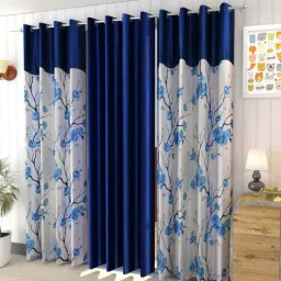 aadi traders Blue Polyester Floral and Solid 9ft Semisheer Eyelet Long Door Curtains (3Pcs)-picture-6