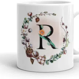 Colorful Floral Letter White Ceramic (Alphabet R) Ceramic Coffee Mug-image-1