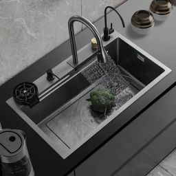 Sink Of Kitchen 304 Grade 30X18X9 with ANTI SCRATCH DESIGN Integrated Waterfall and Pull-down Faucet Set Stainless Steel Sink with Cup washer and Drain Baskets Vessel Sink-image-46
