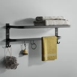 Towel Stand | Foldable Matte Black Towel Rack with Multiple Hooks Stainless Steel Toilet Paper Holder-image-85