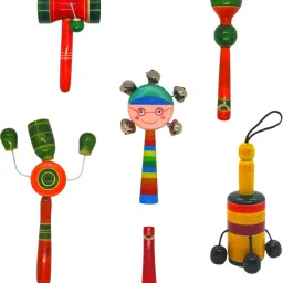 Wooden Rattles Non-Toxic Colour Finished Baby Rattles Pack of 6 Rattle-image-0