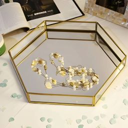 Hexagon Etched Mirror Tray with Metal Rim Mirror Base Vanity Makeup Tray Gold Tray-13