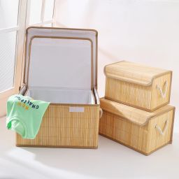 Bamboo Foldable Storage Basket with Lid for Clothes-Toys|SPYLH994|Set of 4|Brown Storage Basket-image-67