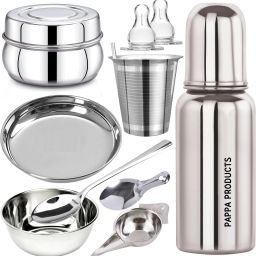 Baby Feeding Bottle, Feeder, Bowls, Spoons, Straw Glass, Glass Plate, 2 Nipple- Stainless Steel-image-49