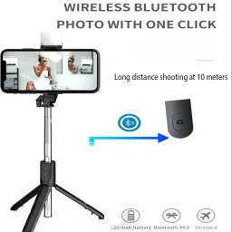 Wrapadore R1S Mini LED Fill Light Tripod Selfie Extendable Bluetooth Selfie Stick Tripod with Detachable Wireless Remote or Vlogging/Gopro/Photography/Videography for All Mobile Smartphones Monopod, Tripod, Tripod Bracket, Tripod Bracket image 2