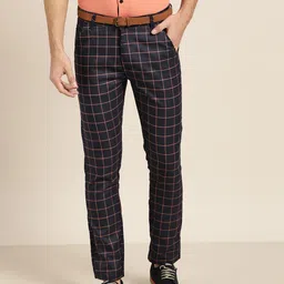 SOJANYA Men Navy Blue & Peach-Coloured Smart Regular Fit Checked Formal Trousers-6