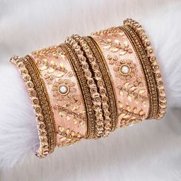 Peora Set of 10 Peach-Coloured Gold-Plated Silk Thread Handcrafted Kundan Bangles-image-75
