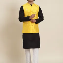 SOJANYA Men Black Pure Cotton Kurta with Churidar & Nehru Jacket-51