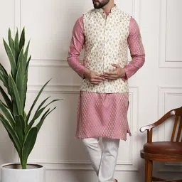 SOJANYA Men Pink Ethnic Motifs Kurta with Pyjamas & Nehru Jacket-26