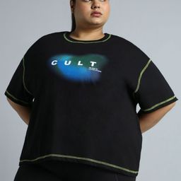 CULT Women Black Training Essential Graphic Plus size Boxy Fit T-shirt-image-18