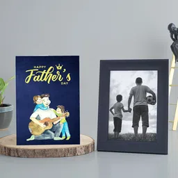 Golden Peacock Navy Blue Father's Day Greeting Card With Black Handcrafted Photo Frame-image-41