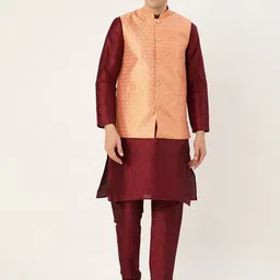SOJANYA Men Maroon & Peach-Coloured Solid Kurta with Churidar & Nehru Jacket-7