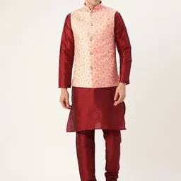 SOJANYA Men Maroon & Pink Solid Kurta & Churidar with Embroidered Nehru Jacket-picture-35
