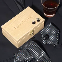 LOUIS STITCH Men Polka Dotted Black Italian Silk Necktie Accessory Gift Set-10