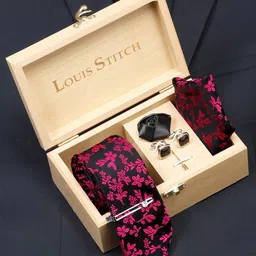 LOUIS STITCH Men Floral Self Design Italian Silk Necktie Accessory Gift Set-21