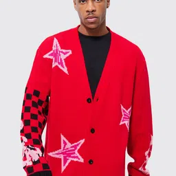 boohooMAN Star And Check Printed Relaxed Fit Knitted Acrylic Cardigan-image-26