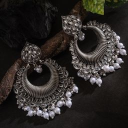 PANASH Silver-Plated Stones Studded & Beaded Crescent Oxidised Chandbalis-56