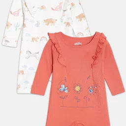 Broon Girls Pack of 2 Orange & Off White Printed Pure Organic Cotton Rompers-image-55