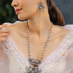 Rubans Oxidised Silver-Plated Bird & Deer Motif Statement Necklace Set-6