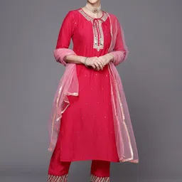 Varanga Women Fuchsia Embroidered Kurta with Trousers & With Dupatta-image-9