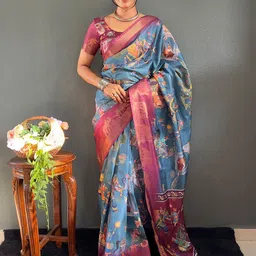 DIVASTRI Kanjeevaram Silk Kalamkari Print Saree With Unstitched Blouse Piece-image-86