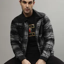 Iconic Men Camouflage Checked Crop Bomber with Patchwork Jacket-11